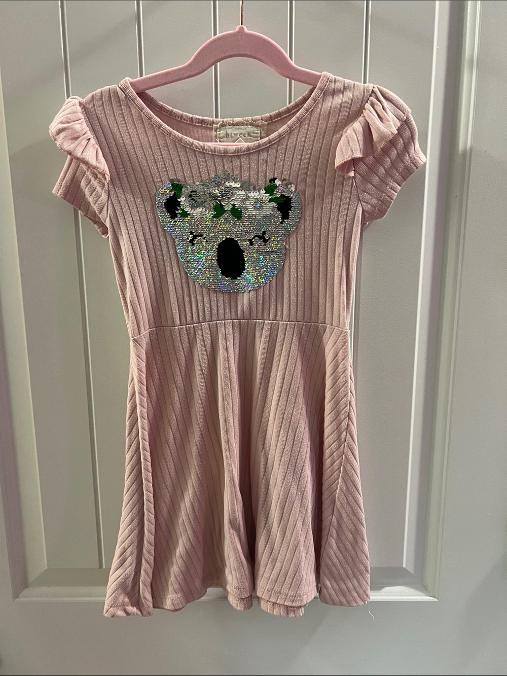 btween Light Pink Ribbed Dress with Reversible Sequin Koala